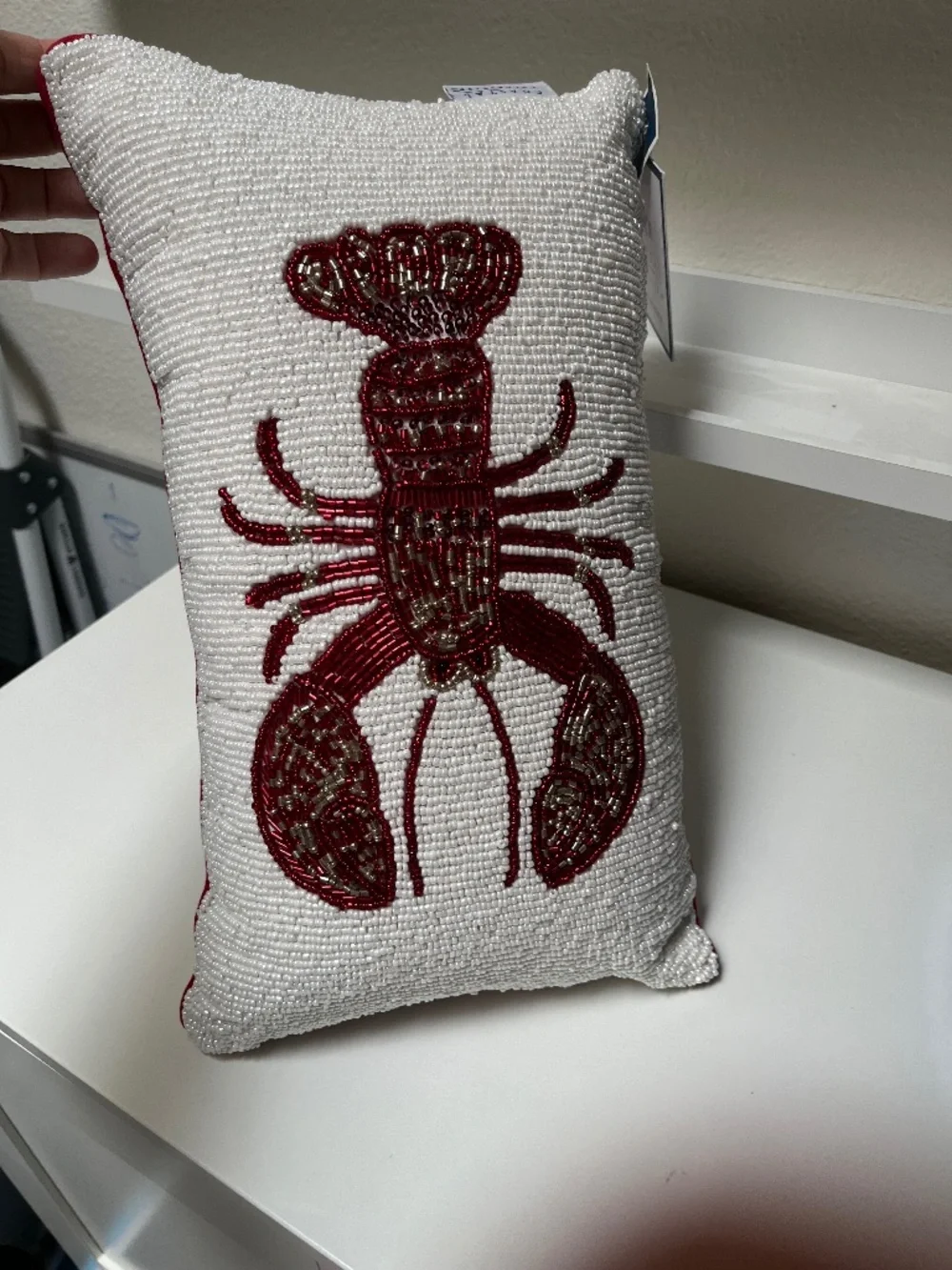 Hand Beaded Lobster 🦞 Decorative Accent Pillow – Red & White – NWT